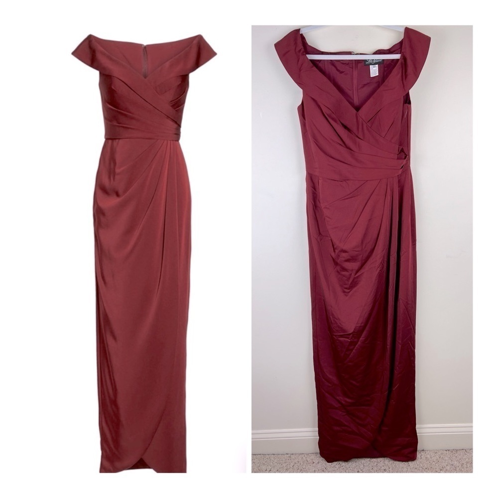La Femme | Romantic Surplice Off the Shoulder Column Gown Dress Burgundy | 8 - Picture 3 of 7